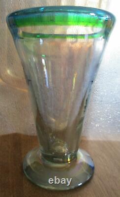 Handblown Iridescent Glass Vase with Blue/Green Rim Art Nouveau 6-1/2 Tall