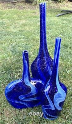 Handcrafted Blue Swirl Glass Decorative Vases Set of 3