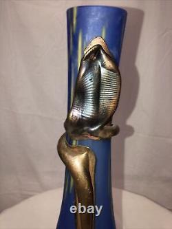 Handmade Blown Glass Vase Engraved with Metal Blue yellow Art Nouveau Style