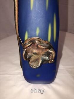 Handmade Blown Glass Vase Engraved with Metal Blue yellow Art Nouveau Style