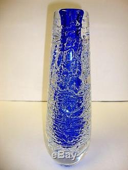 Handmade Skrdlovice Beranek 12 Czech Glass Cylinder Vase Air Bubble Mesh Blue