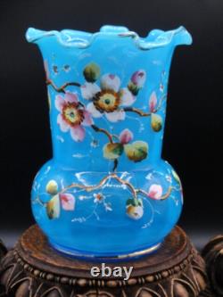 Harrach Victorian Blue Opalescent Hand Painted Enamel Pink Floral Art Glass Vase