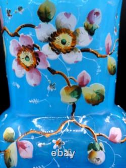 Harrach Victorian Blue Opalescent Hand Painted Enamel Pink Floral Art Glass Vase