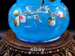 Harrach Victorian Blue Opalescent Hand Painted Enamel Pink Floral Art Glass Vase