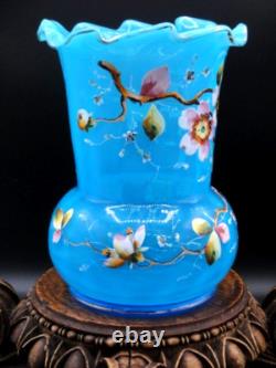 Harrach Victorian Blue Opalescent Hand Painted Enamel Pink Floral Art Glass Vase