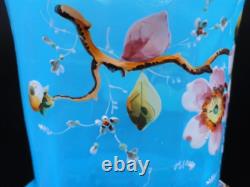 Harrach Victorian Blue Opalescent Hand Painted Enamel Pink Floral Art Glass Vase