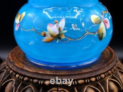 Harrach Victorian Blue Opalescent Hand Painted Enamel Pink Floral Art Glass Vase Harrach Victorian Blue Opalescent Hand Painted Enamel Pink Floral Art Glass Vase