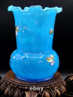 Harrach Victorian Blue Opalescent Hand Painted Enamel Pink Floral Art Glass Vase