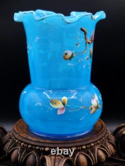 Harrach Victorian Blue Opalescent Hand Painted Enamel Pink Floral Art Glass Vase