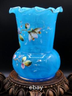 Harrach Victorian Blue Opalescent Hand Painted Enamel Pink Floral Art Glass Vase