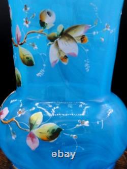 Harrach Victorian Blue Opalescent Hand Painted Enamel Pink Floral Art Glass Vase