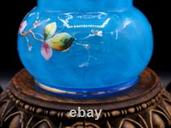 Harrach Victorian Blue Opalescent Hand Painted Enamel Pink Floral Art Glass Vase