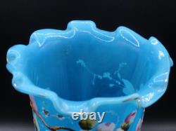 Harrach Victorian Blue Opalescent Hand Painted Enamel Pink Floral Art Glass Vase
