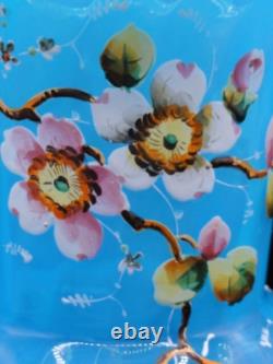 Harrach Victorian Blue Opalescent Hand Painted Enamel Pink Floral Art Glass Vase