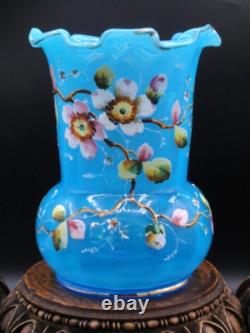 Harrach Victorian Blue Opalescent Hand Painted Enamel Pink Floral Art Glass Vase