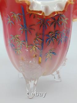 Harrach Victorian Cased Cranberry Pink & Blue Enamel BAMBOO Tree Art Glass Vase