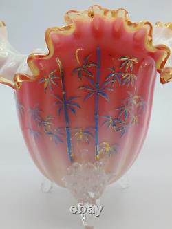 Harrach Victorian Cased Cranberry Pink & Blue Enamel BAMBOO Tree Art Glass Vase
