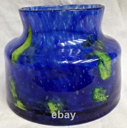 Heavy Glass Cylinder VASE Blue & Green Streaks /Spots 5 tall x 7 dia mottled