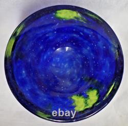 Heavy Glass Cylinder VASE Blue & Green Streaks /Spots 5 tall x 7 dia mottled