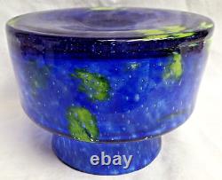 Heavy Glass Cylinder VASE Blue & Green Streaks /Spots 5 tall x 7 dia mottled