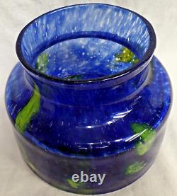 Heavy Glass Cylinder VASE Blue & Green Streaks /Spots 5 tall x 7 dia mottled