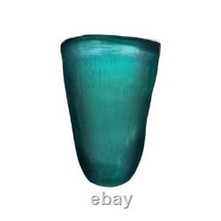 Heavy Slump Studio Glass Vase 11.5 Aqua Teal Ribbed Etched 12lb