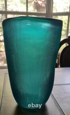 Heavy Slump Studio Glass Vase 11.5 Aqua Teal Ribbed Etched 12lb