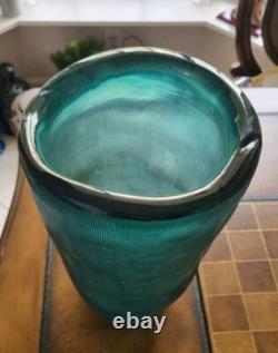 Heavy Slump Studio Glass Vase 11.5 Aqua Teal Ribbed Etched 12lb