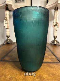 Heavy Slump Studio Glass Vase 11.5 Aqua Teal Ribbed Etched 12lb