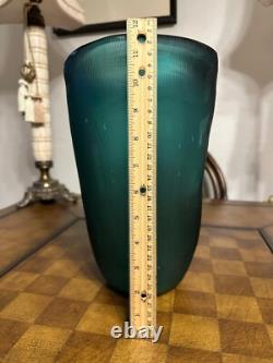 Heavy Slump Studio Glass Vase 11.5 Aqua Teal Ribbed Etched 12lb