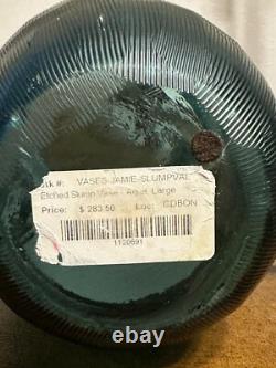 Heavy Slump Studio Glass Vase 11.5 Aqua Teal Ribbed Etched 12lb