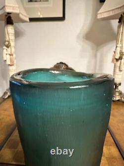 Heavy Slump Studio Glass Vase 11.5 Aqua Teal Ribbed Etched 12lb