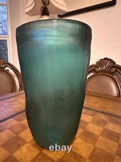 Heavy Slump Studio Glass Vase 11.5 Aqua Teal Ribbed Etched 12lb