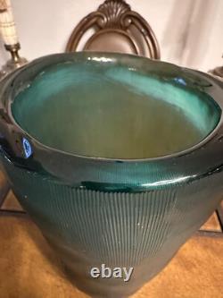 Heavy Slump Studio Glass Vase 11.5 Aqua Teal Ribbed Etched 12lb