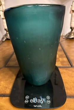 Heavy Slump Studio Glass Vase 11.5 Aqua Teal Ribbed Etched 12lb