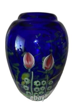 Heavy Studio Art Glass Flowers Under Moon Cobalt Blue paperweight vase 5 1/2