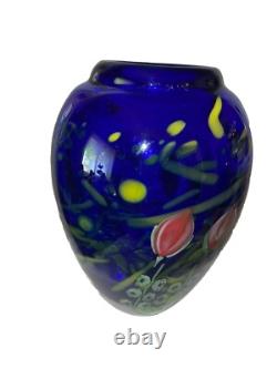 Heavy Studio Art Glass Flowers Under Moon Cobalt Blue paperweight vase 5 1/2