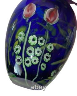 Heavy Studio Art Glass Flowers Under Moon Cobalt Blue paperweight vase 5 1/2