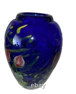Heavy Studio Art Glass Flowers Under Moon Cobalt Blue paperweight vase 5 1/2