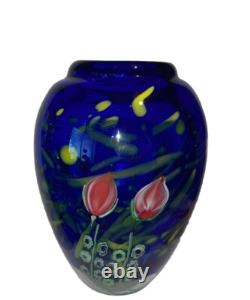 Heavy Studio Art Glass Flowers Under Moon Cobalt Blue paperweight vase 5 1/2
