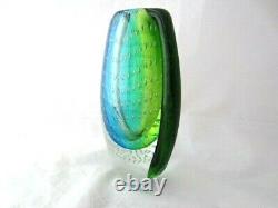 Heavy oval shaped Murano sommerso style art glass vase blues greens & bullicante