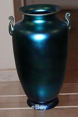 Huge 12 Authentic Art Deco Blue Aurene 2 Handled Vase by Steuben, circa 1930's