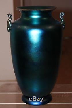 Huge 12 Authentic Art Deco Blue Aurene 2 Handled Vase by Steuben, circa 1930's