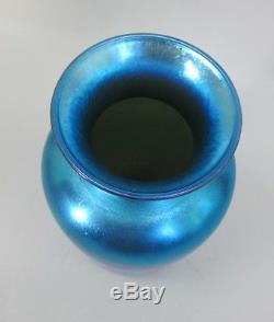 Huge 12 Signed QUEZAL Iridescent Blue Vase c. 1920 antique American art glass