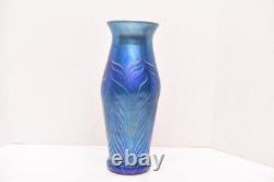 Huge 14 lundberg studio art glass Pulled Feather iridescent peacock vase Blue
