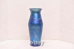 Huge 14 lundberg studio art glass Pulled Feather iridescent peacock vase Blue