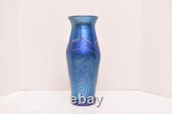 Huge 14 lundberg studio art glass Pulled Feather iridescent peacock vase Blue