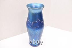 Huge 14 lundberg studio art glass Pulled Feather iridescent peacock vase Blue