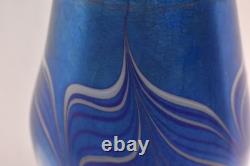 Huge 14 lundberg studio art glass Pulled Feather iridescent peacock vase Blue