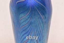 Huge 14 lundberg studio art glass Pulled Feather iridescent peacock vase Blue